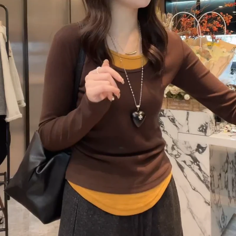 新款小众炸街高级感女装潮流休闲长袖假两件打底T恤LK2507121