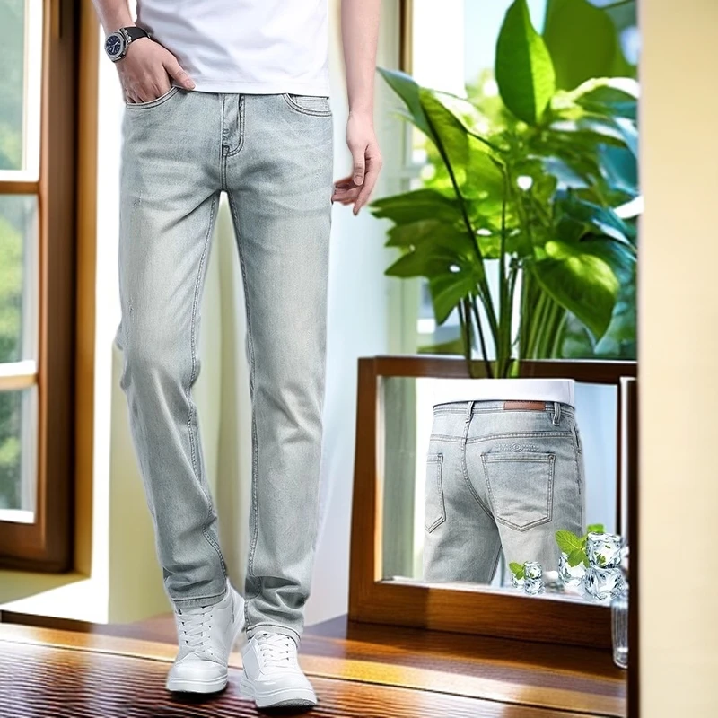 娜罗普西夏季薄款浅色复古牛仔裤男新款潮牌男裤修身直筒裤子休闲