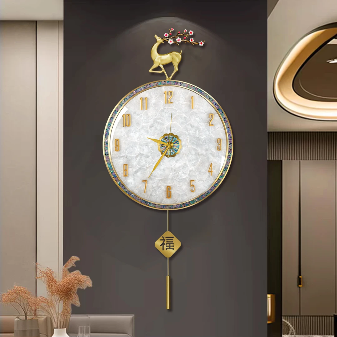挂钟贝壳福鹿轻奢钟表高档时尚挂钟艺术装饰静音钟表客厅家用挂钟