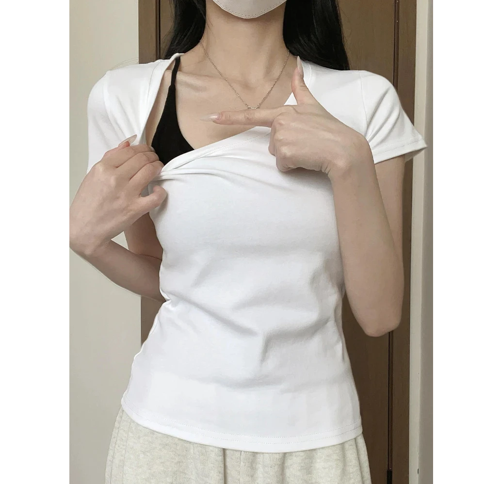 白色短袖t恤女夏2025新款圆领百搭打底内搭辣妹修身显瘦正肩上衣