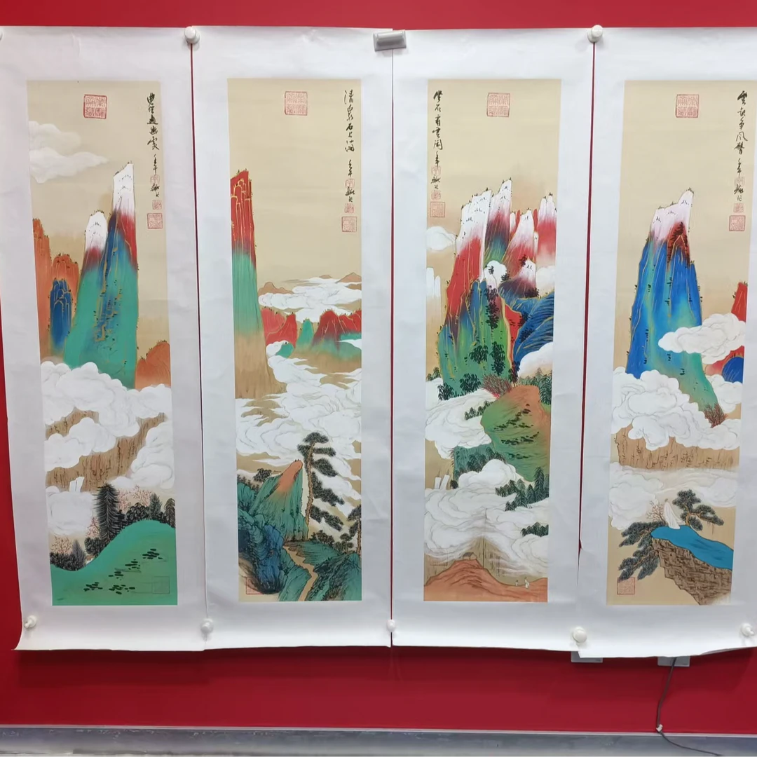 李新社四尺手绘宣纸曲径通幽处四条屏 山水画