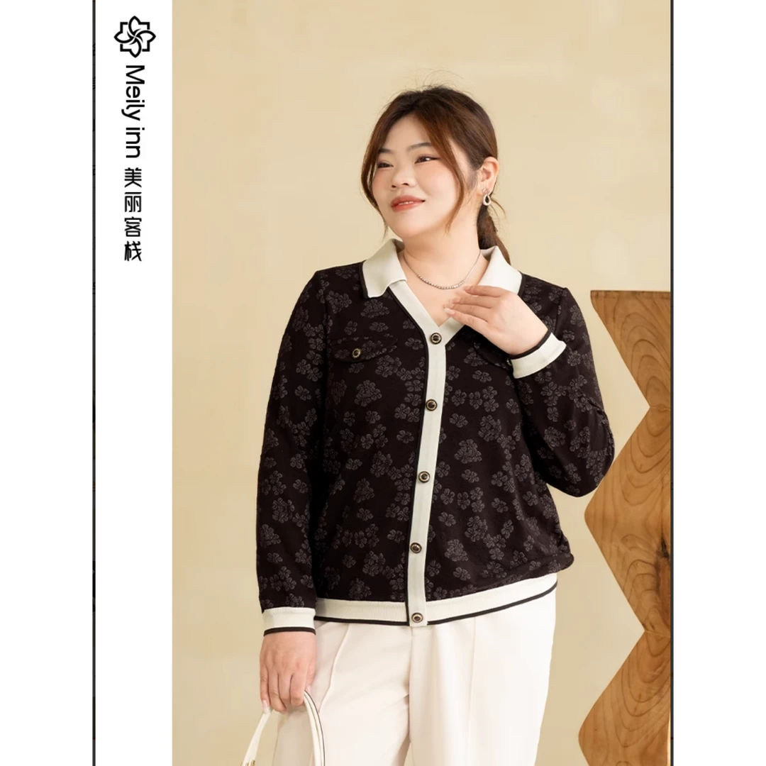 美丽客栈【小香风】暗纹质感针织衫女大码胖mm复古设计感显瘦上衣