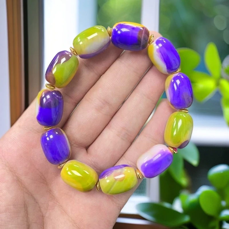 尺寸约13x18mm11颗天然正品紫黄桶珠玛瑙玉石手串