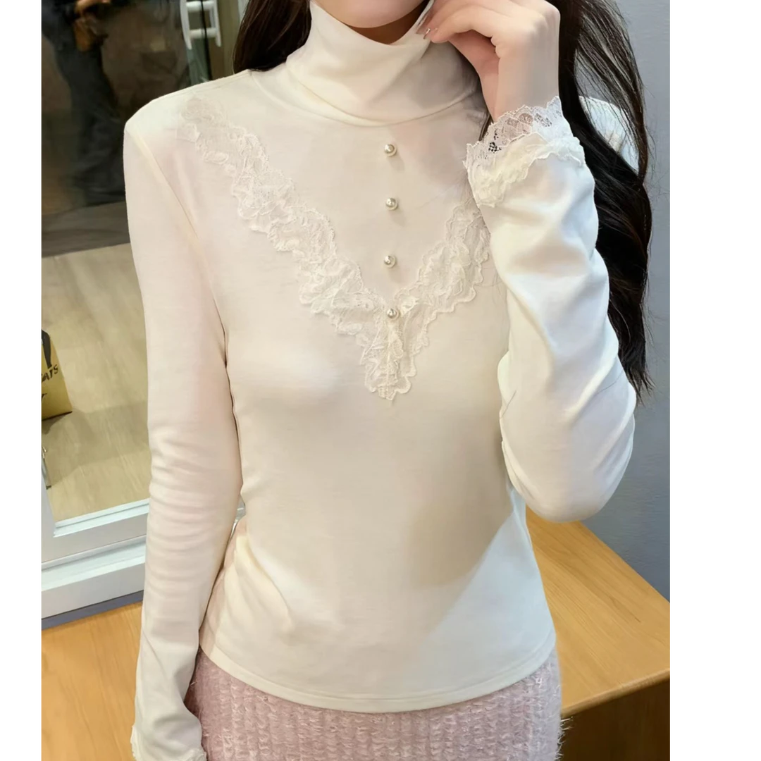 韩系温柔风蕾丝拼接高领女2025秋冬新款修身显瘦内搭打底衫