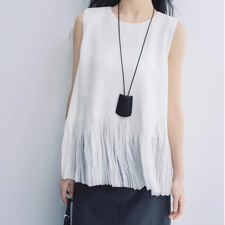 夏凉三号背心 复合纱_不规则百褶网纱圆领无袖