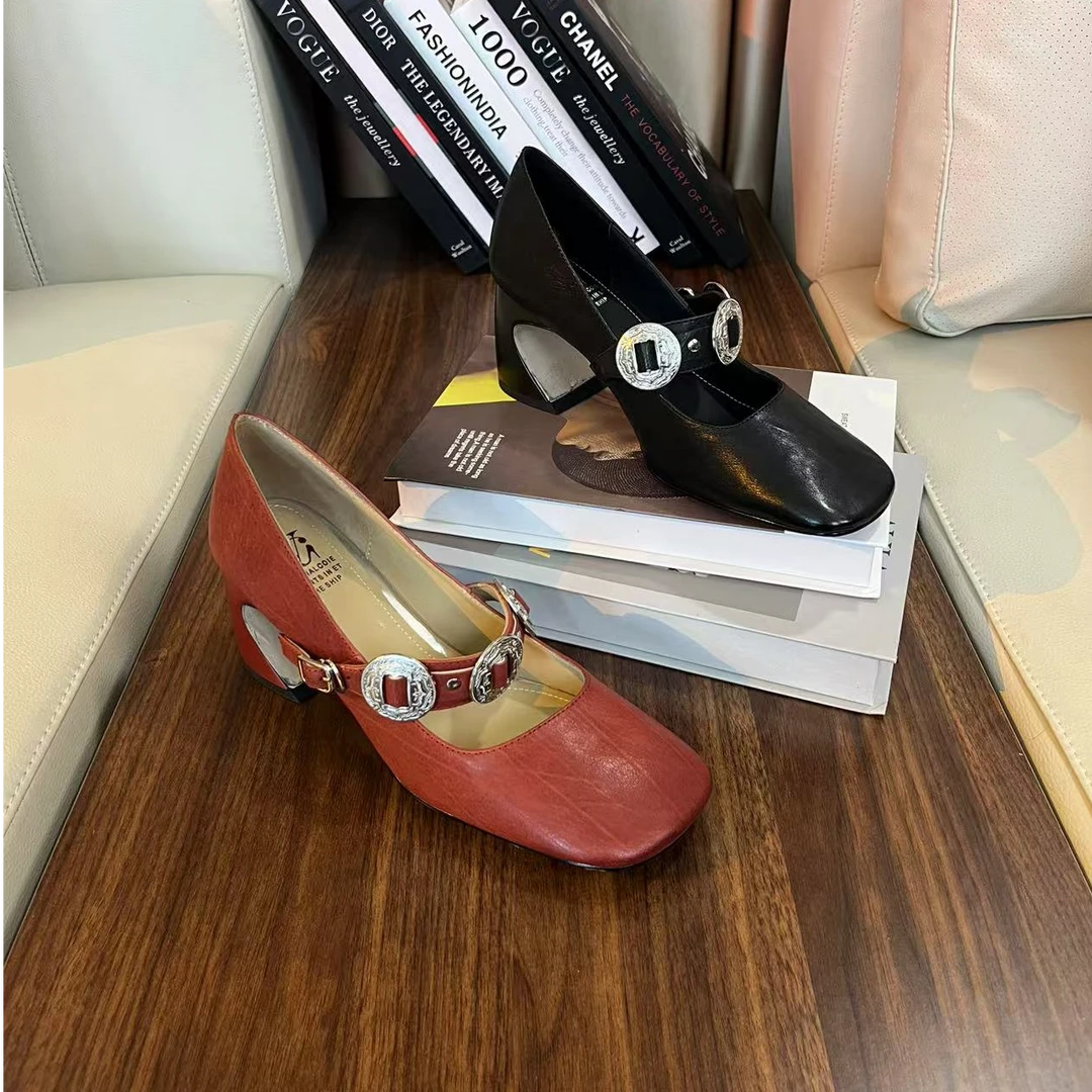 范戈希全羊皮跟6cm春夏气质时尚高跟粗跟浅口玛丽珍单鞋买1赠3