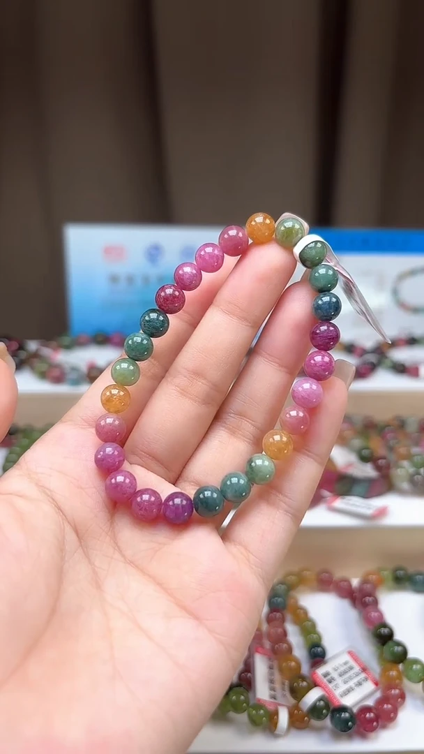 手串未镶嵌碧玺7.2mm艳丽彩虹色高阶油画体单圈手串