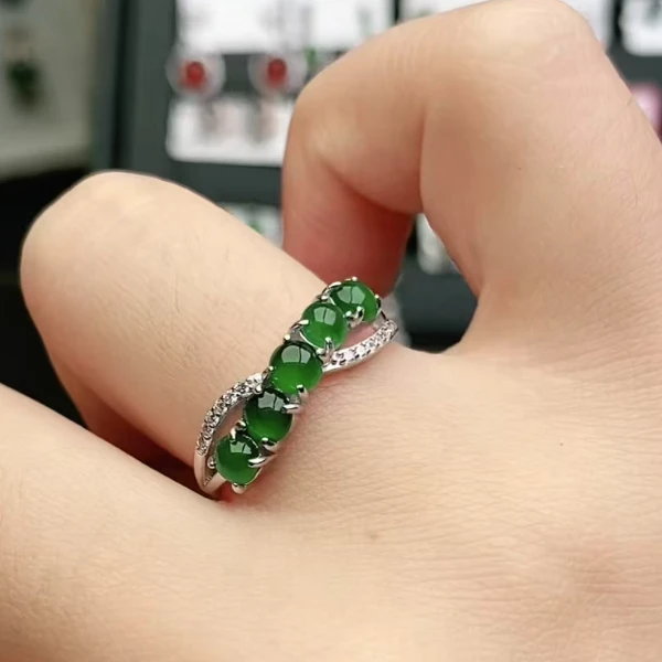 鑫辰珠宝天然A货翡翠银镶嵌设计款开口女戒指时尚百搭