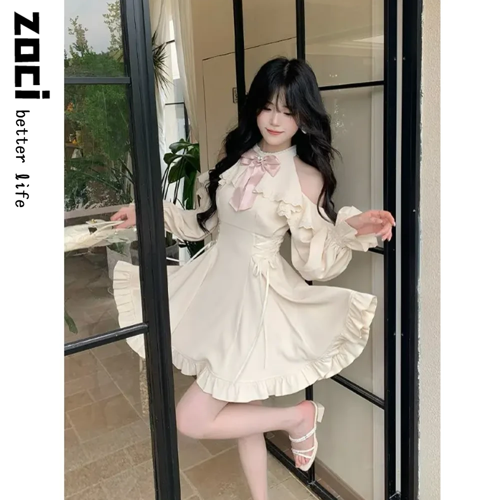 珍珠情书 日系千金感甜美气质连衣裙夏季露肩荷叶蝴蝶结显瘦裙子
