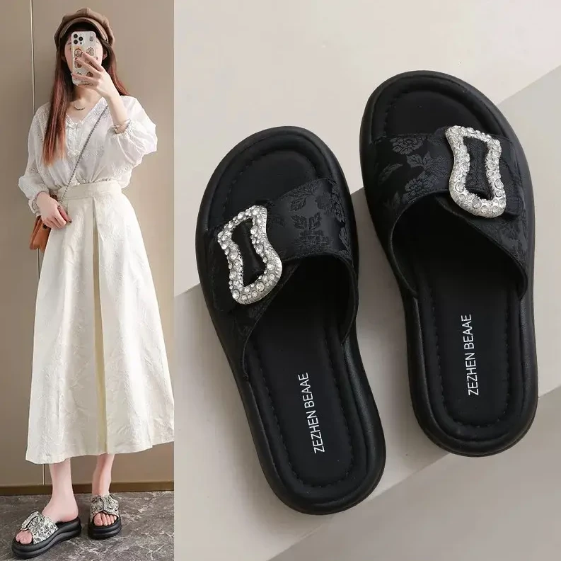 【亏本清仓】新版栀子花松紧扣厚底橡胶牛皮外穿凉鞋软底软面S002