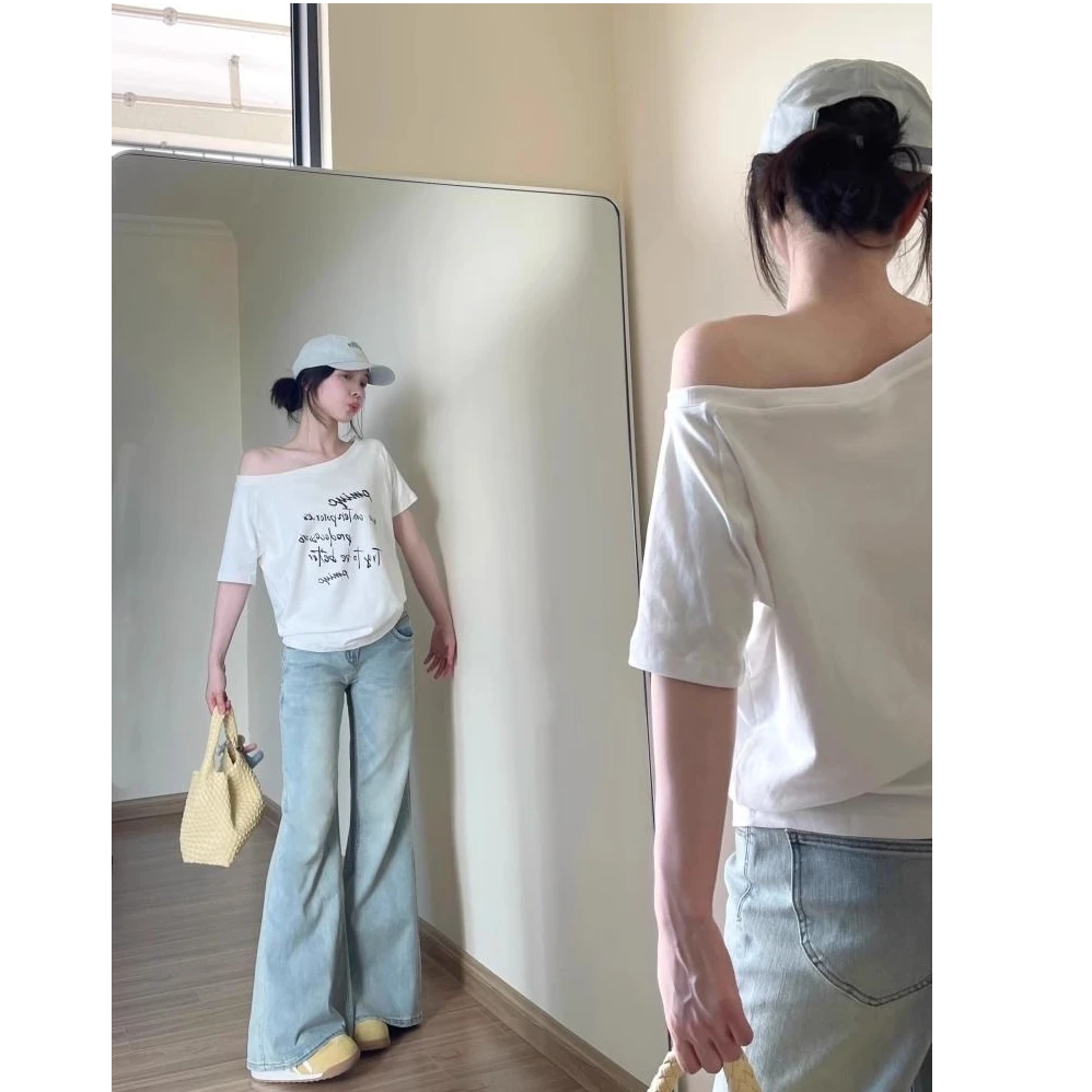 【UBKA】美式复古斜肩露肩短袖T恤女夏新款宽松慵懒风百搭辣妹上衣