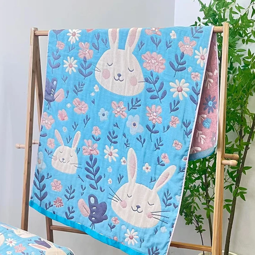 纱布浴巾--花朵微笑兔透气柔软舒适亲肤加大成人可爱吸水-1