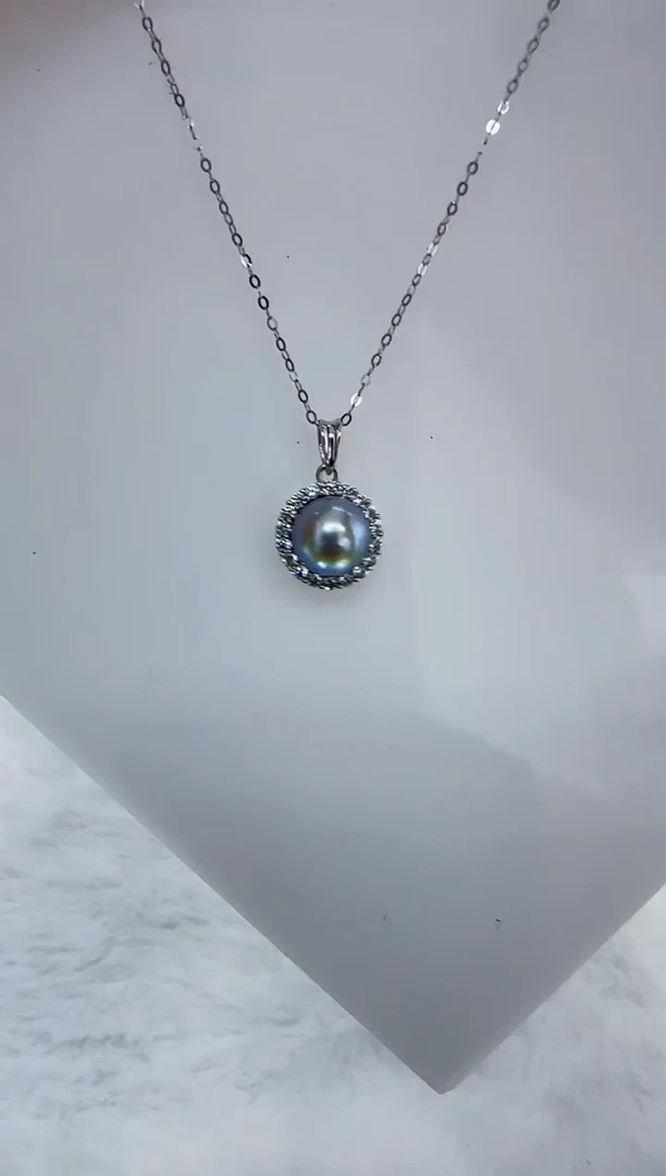 银S925镶嵌海水珍珠DA海水灰珠吊坠8-9 y466