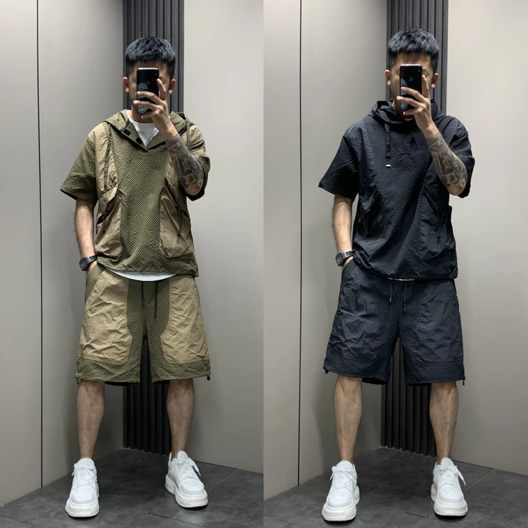 夏季新款男士休闲套装宽松连帽短袖短裤两件套潮流运动工装两件套