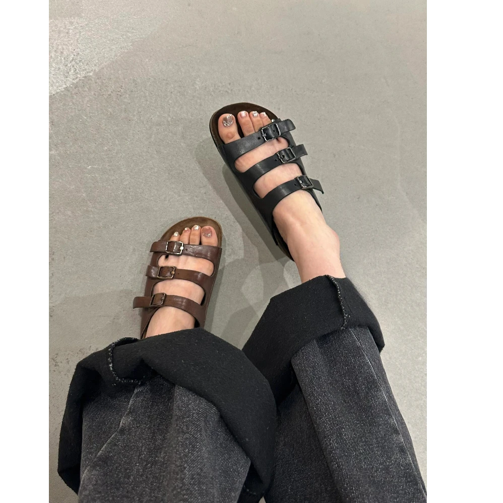 复古皮带扣勃肯凉拖鞋女外穿2025夏季新款厚底百搭休闲懒人一字拖