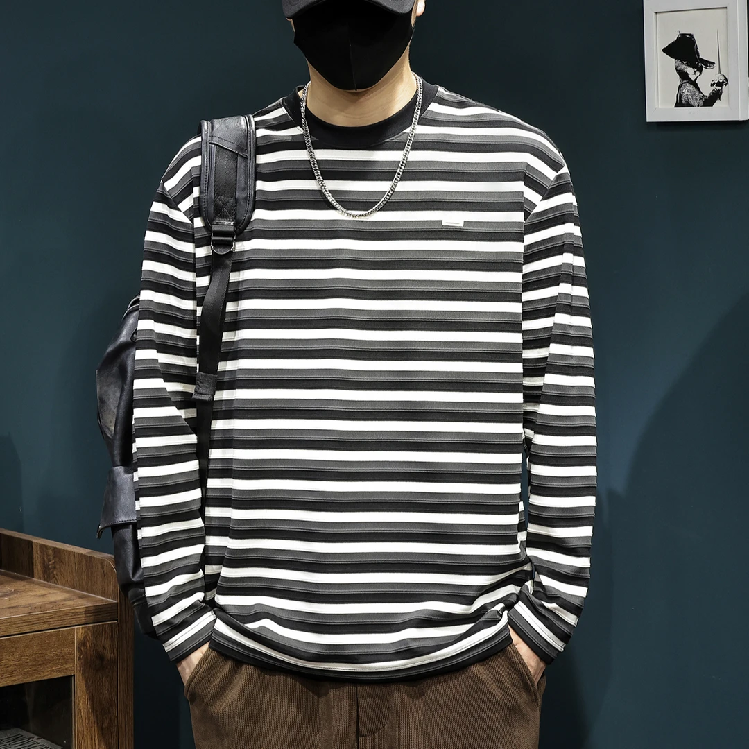 LEIGHZ/雷茨重磅长袖t恤男春秋款立体条纹肌理秋冬内搭打底衫上衣