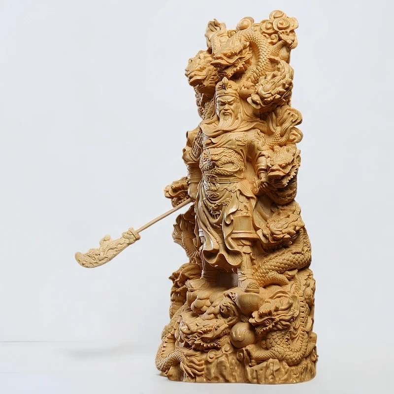 桧木雕刻九龙关公摆件武财神关二爷实木雕工艺品家居摆件开业送礼