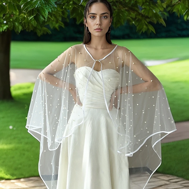 仙气奢华3米长珍珠装饰新娘披肩大教堂婚礼配饰户外草坪拍照MG13