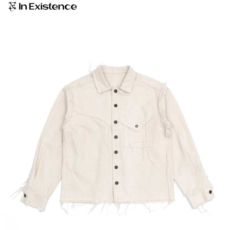 IN EXISTENCE存世25ss水洗解构v型裁片加密厚帆布外套毛边衬衫
