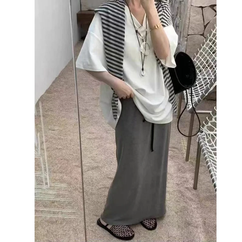 2025夏季新款韩版V领宽松短袖T恤配披肩抽绳收腰半身裙三件套装女