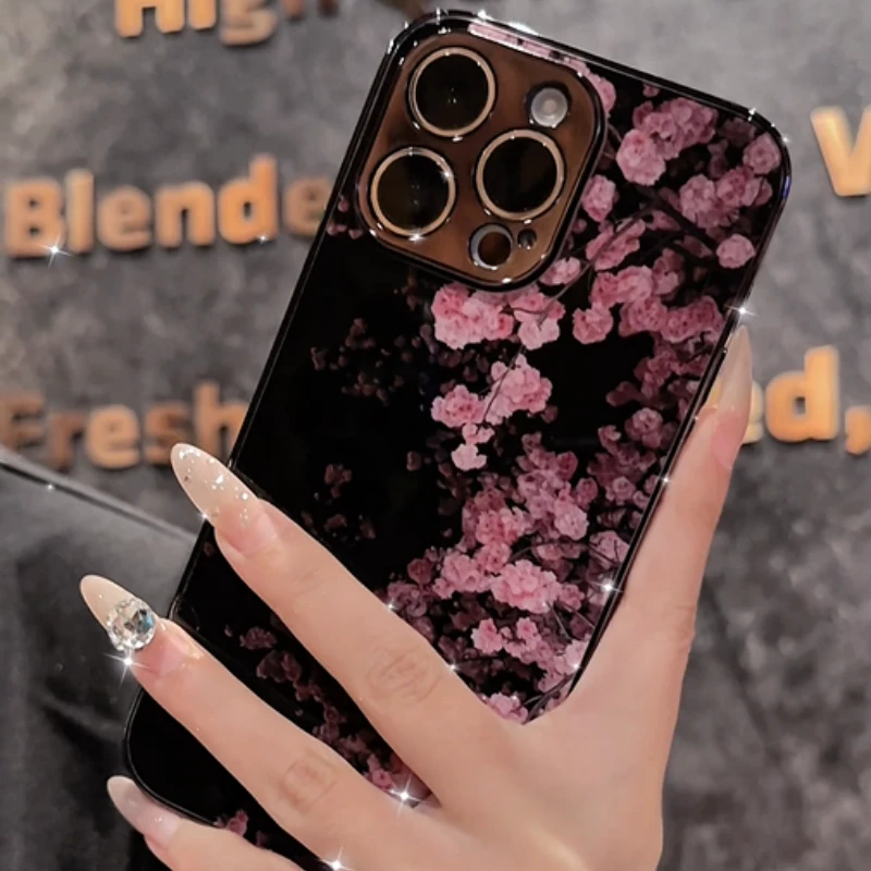 粉色花朵适用苹果vivo华为oppo小米iPhone17电镀玻璃防摔手机壳潮