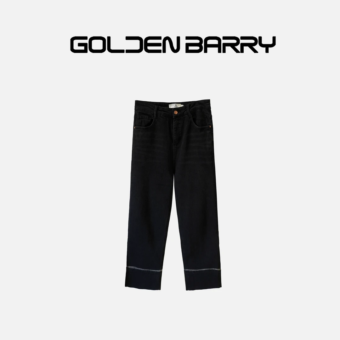 GOLDENBARRY|501103黑色高腰百搭时尚阔腿牛仔九分裤直筒宽松