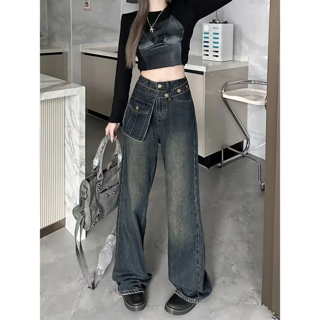 110裤长106设计感口袋阔腿牛仔裤夏复古水洗高腰宽松直筒拖地长裤