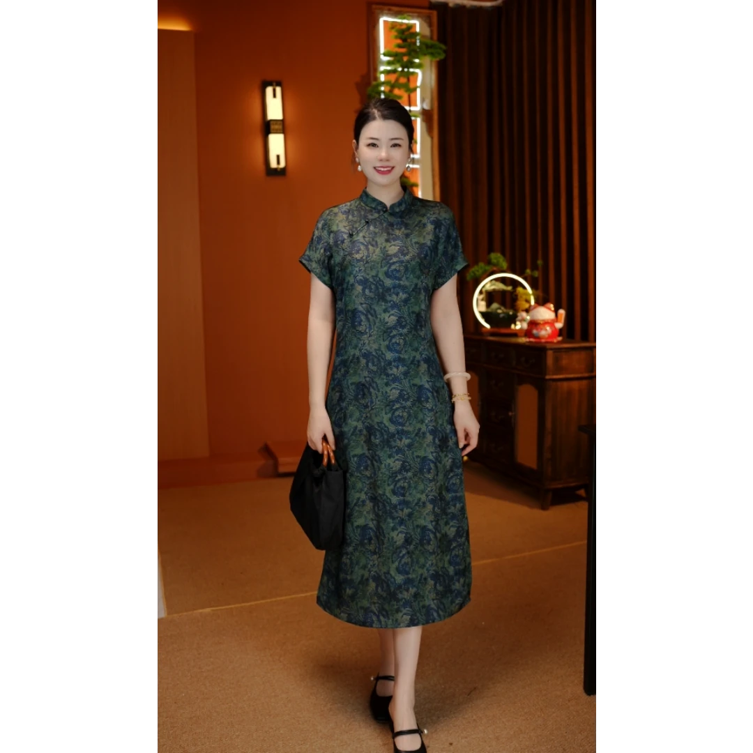 【绮梦丽影】双面穿刻丝提花花萝旗袍领领长款品质女装连衣裙