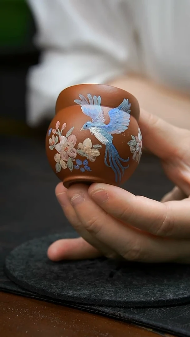 茶壶紫砂朱泥翠鸟杯