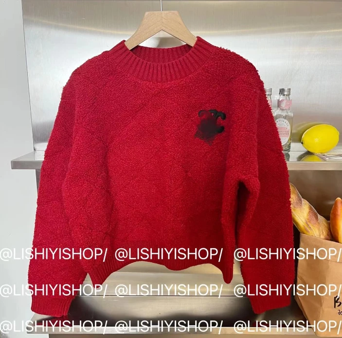 【冬日暖fufu】刺绣格纹机理套头毛衣     LY1357