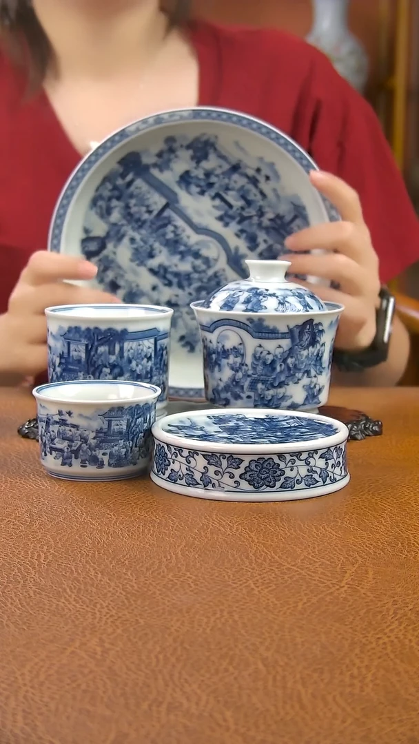 景德镇手工青花百子图盖碗套组