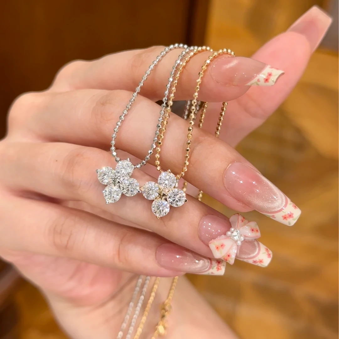 恒美娜 坠链均925银莫桑石 四叶草项链简约精致镶钻吊坠夏日新款