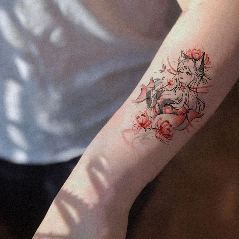 彼岸花国风狐狸彩色纹身贴防水持久可水洗遮疤男女同款性感高级