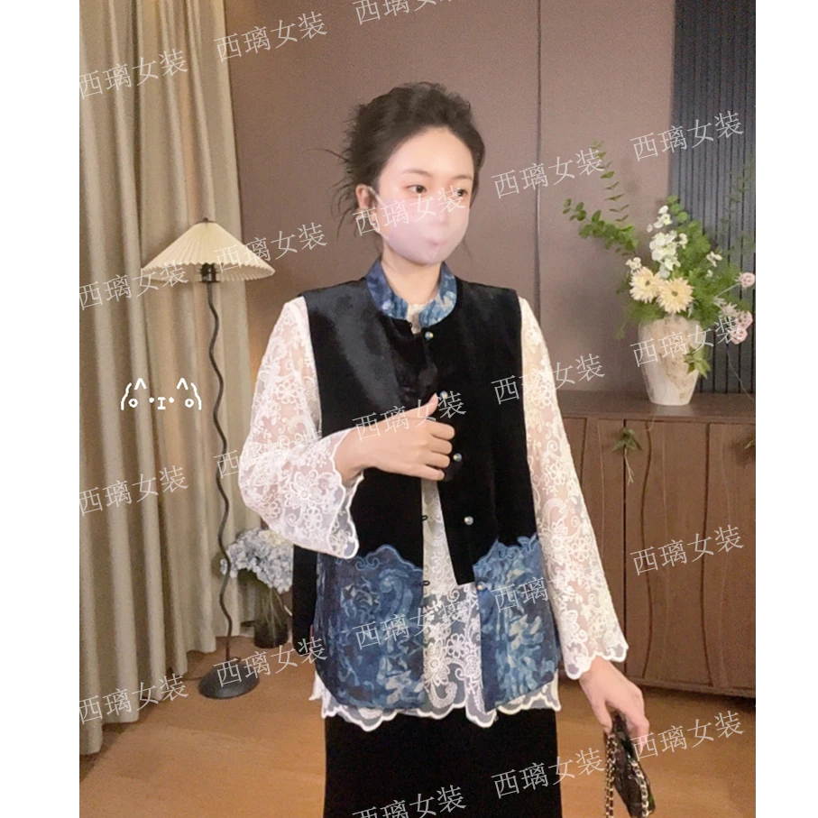 【墨蓝】丝绒拼接宽松圆领马甲时尚新中式国风马夹女士秋季无袖休闲