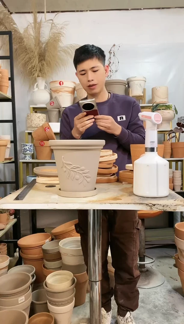 【闪购商品】红陶20*19灰陶橄榄枝 1盆1托