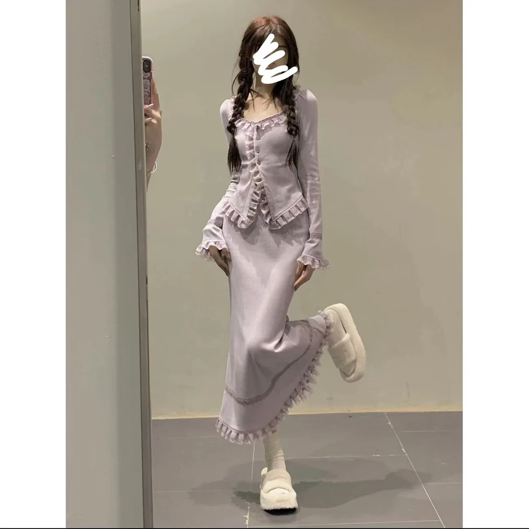 法式温柔风紫色针织长袖连衣裙子质感高级感鱼尾裙秋装搭配一整套