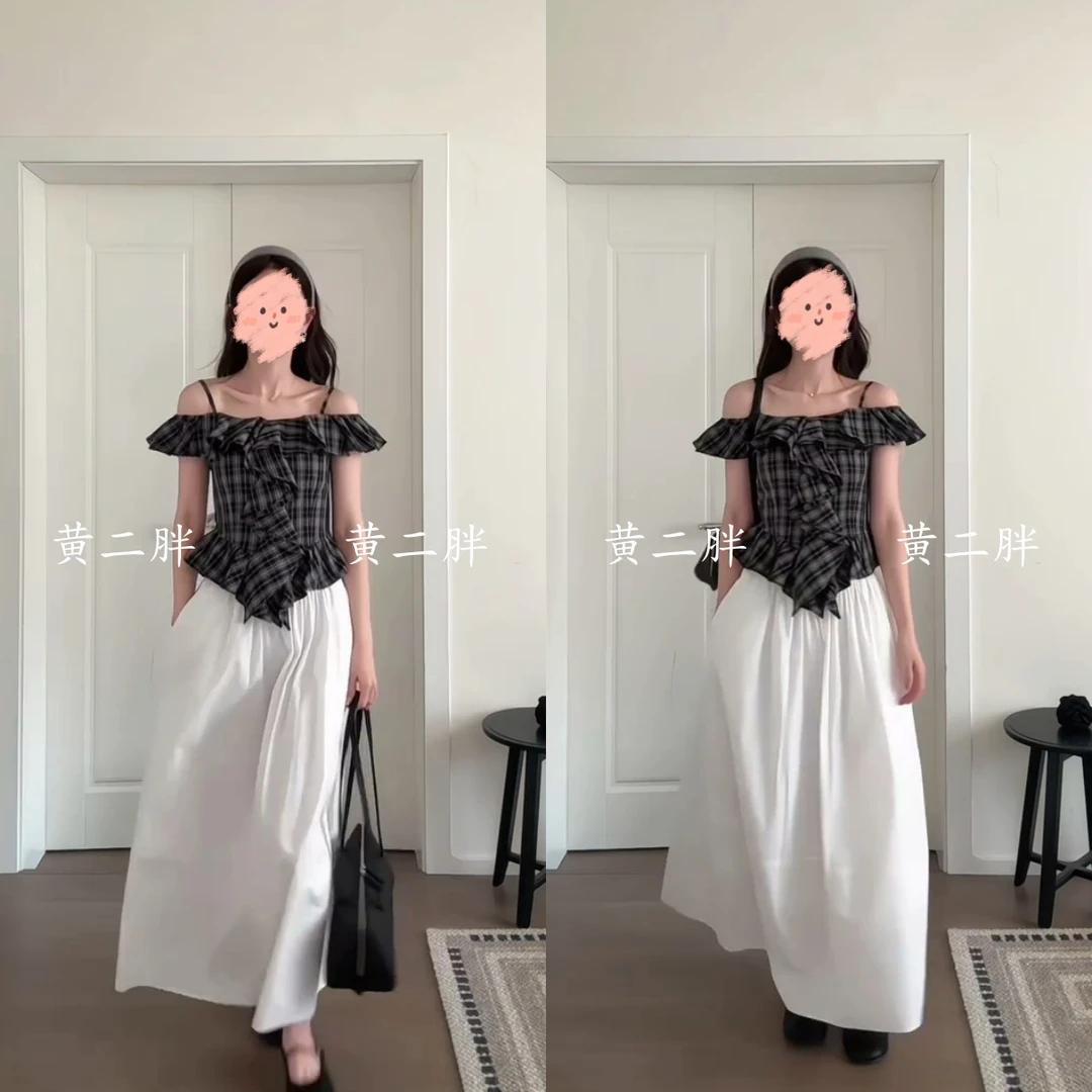 法式一字肩荷叶边格子短袖衬衫女夏季设计感小众露肩上衣裙子套装