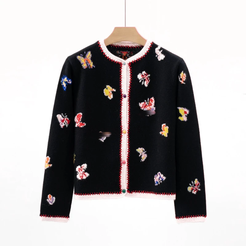 ERD7888蝴蝶提花纹羊绒开衫圆领撞色宽松针织外套