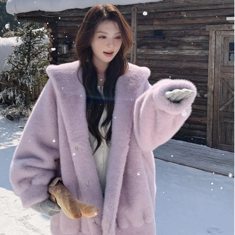 2024冬季新款韩系甜美减龄连帽女士毛毛外套加厚显瘦小个子上衣