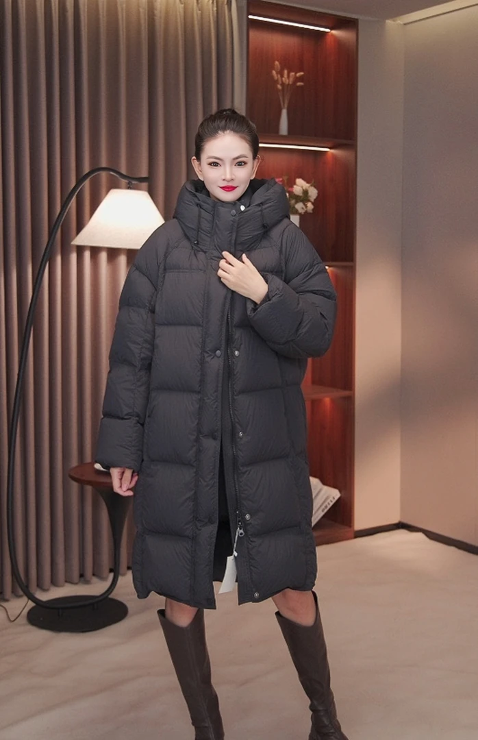 御寒加厚新款云朵泡芙哑光无压外套中长款白鸭绒连帽羽绒服女冬