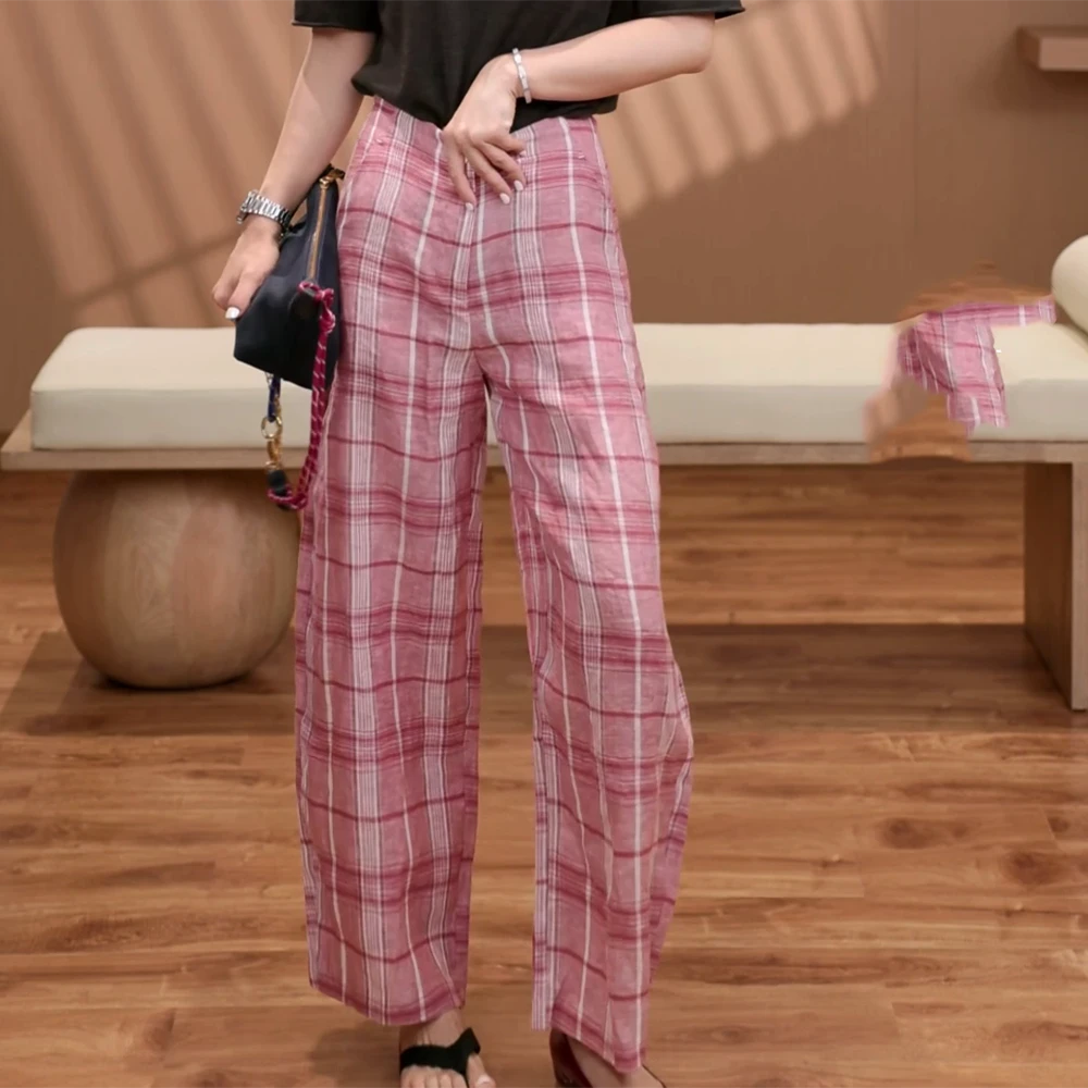 "格调旋律"夏季亚麻女款格子九分休闲裤