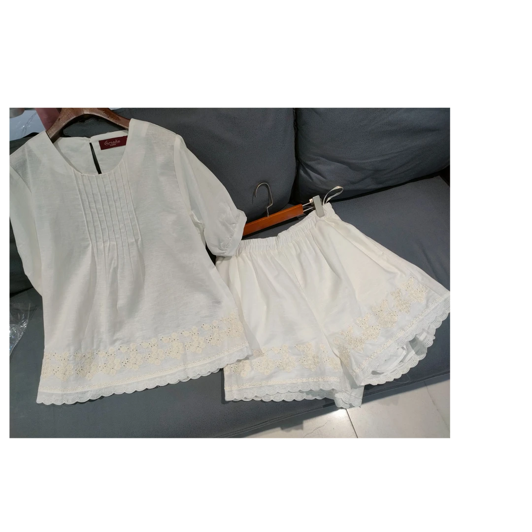 夏季休闲时尚女士棉麻刺绣短袖上衣通勤套装两件套