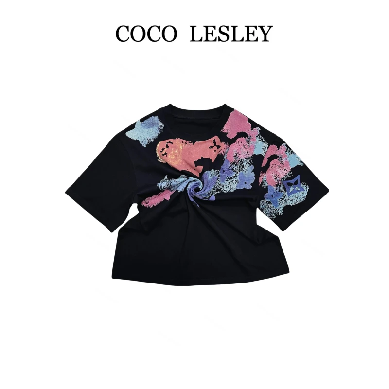 COCO LESLEY 时尚夏季百搭扎染圆领短袖T恤7761