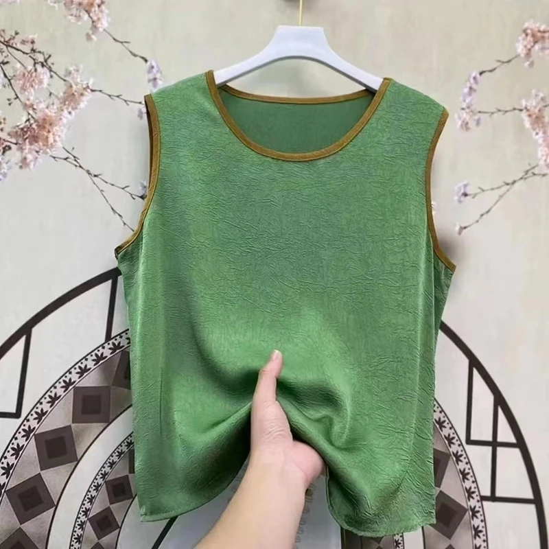 A4-SS00春夏新款压绉背心肌理感撞色女外穿纯色百搭打底背心