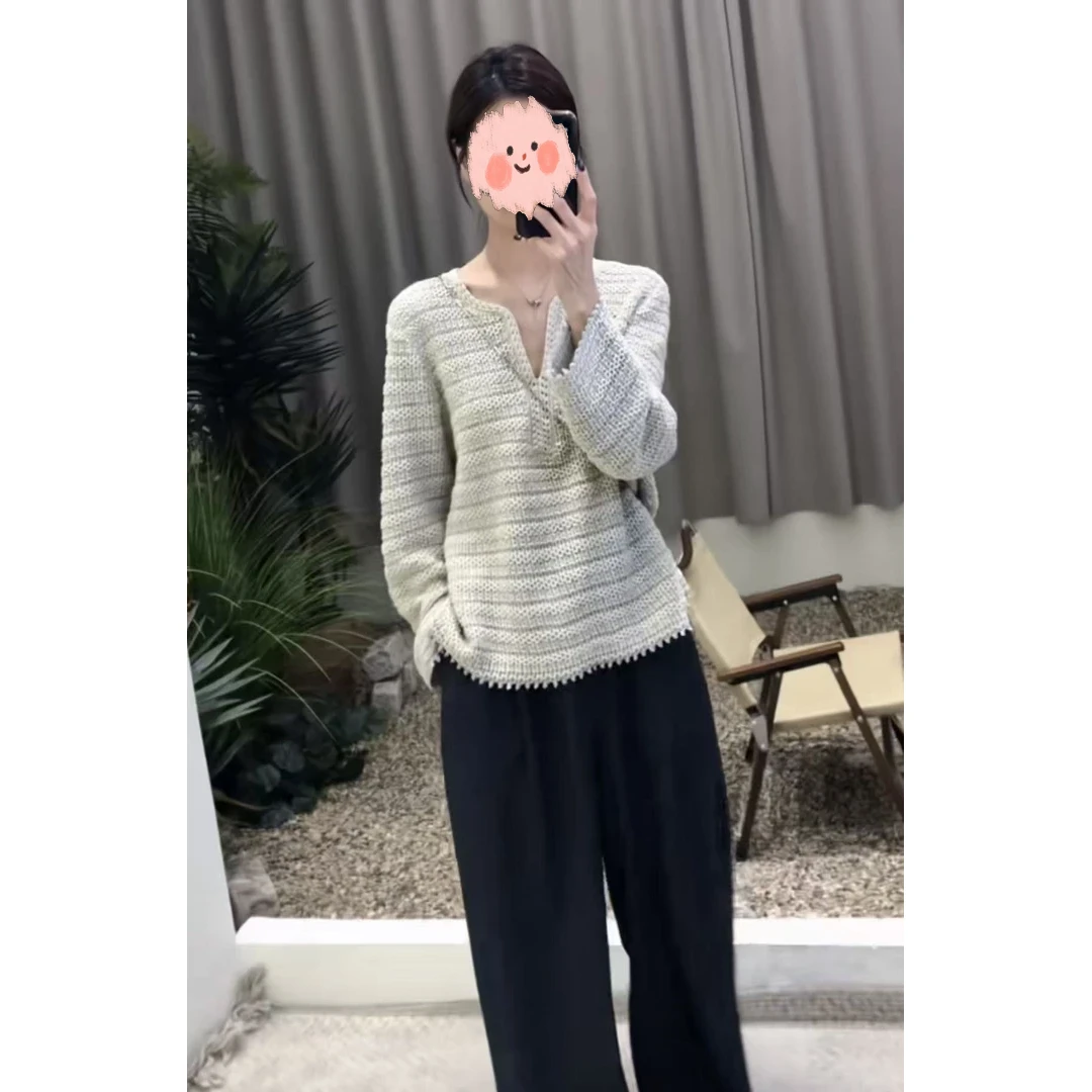自带腔调感！2025时尚新款镂空钩花V领长袖针织衫宽松套头衫上衣