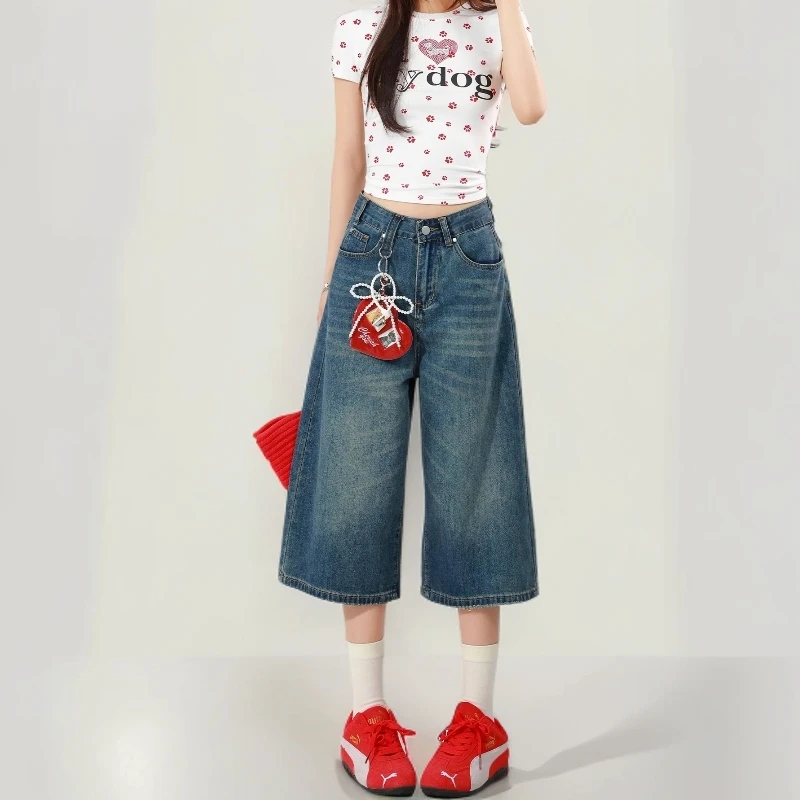 美式阔腿七分牛仔裤女2025年夏季新款7分裤显瘦直筒八分爆款裤子