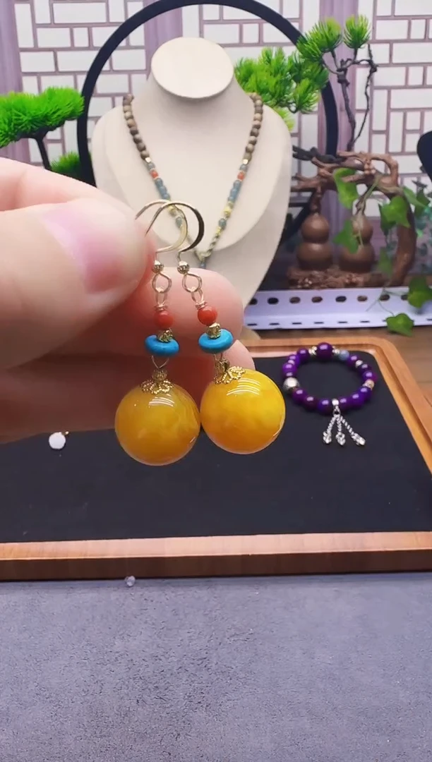 蜜蜡14K金镶嵌耳饰E208