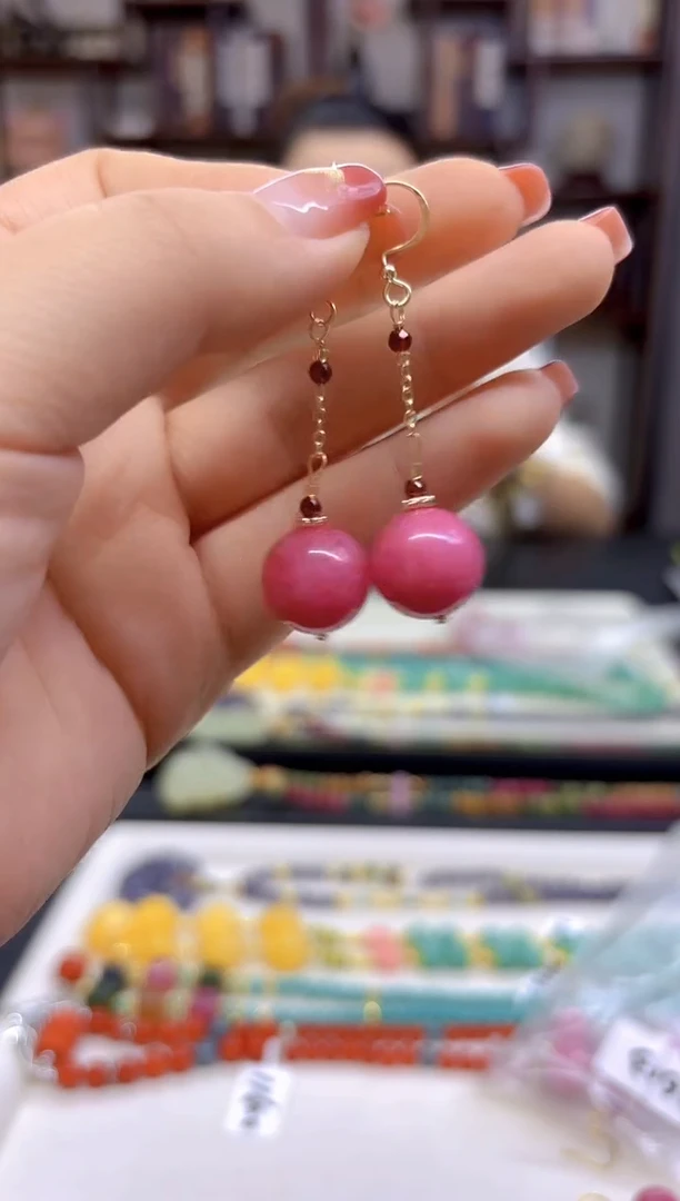 【闪购商品】菱锰矿（红纹石）耳坠14K金镶嵌E613