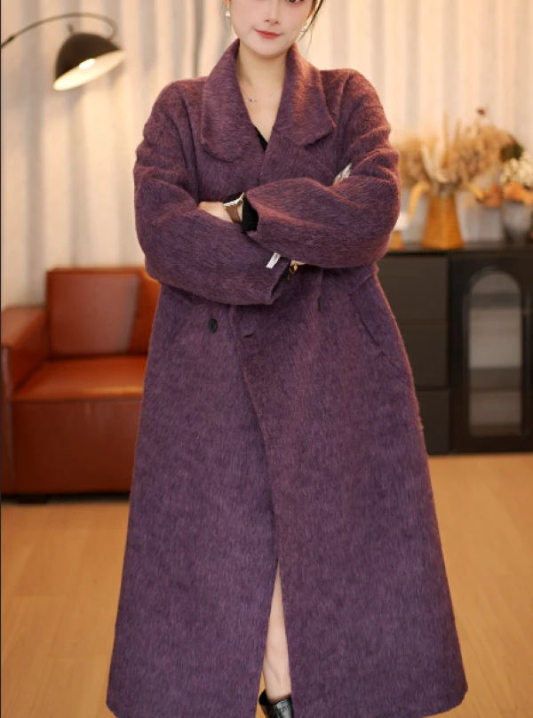 长款翻领羊毛大衣宽松复古厚款保暖冬季超气质女纯色双面毛呢外套