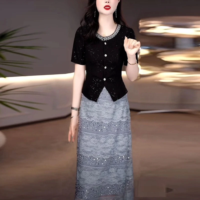 高级感轻奢重工印花上下套装女夏季新款洋气半身裙两件套1417#